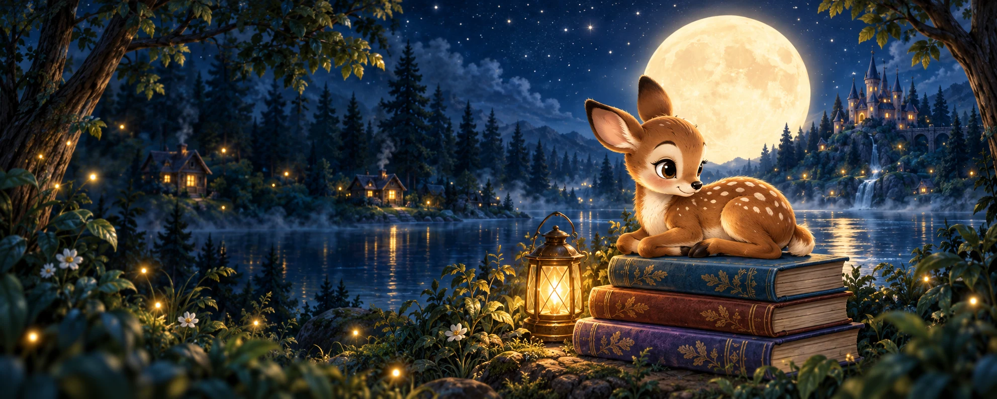 Казкове оленятко на книгах біля теплого ліхтаря